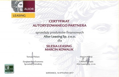 Certyfikat Autoryzowanego Partnera Alior Leasing Sp. z o.o.